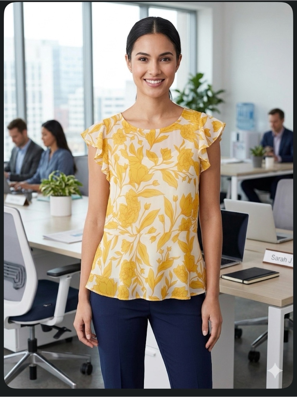CAbi Cream and Yellow Floral Flutter-Sleeve Top
